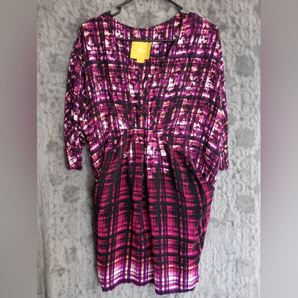 Anthropologie Pink Purple Plaid Gathered-Waist Midi Dress